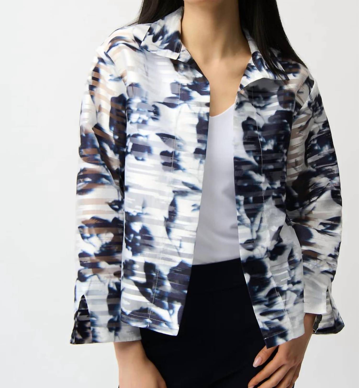Joseph Ribkoff - Jacquard Organza Floral Print Trapeze Jacket With Stand Collar