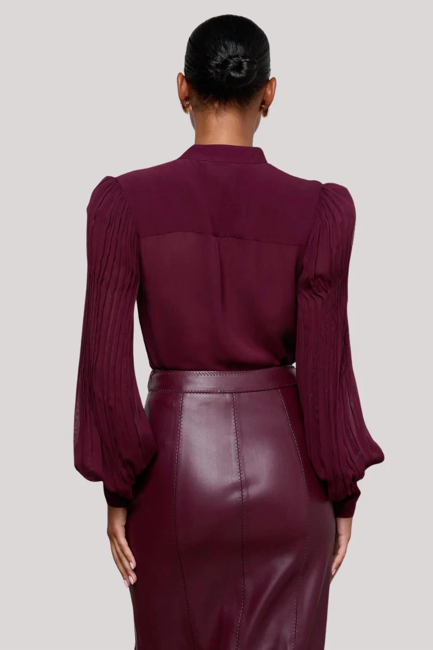 L'Agence Noor Mandarin Pleated Blouse in dark port - women's blouse - alternate view