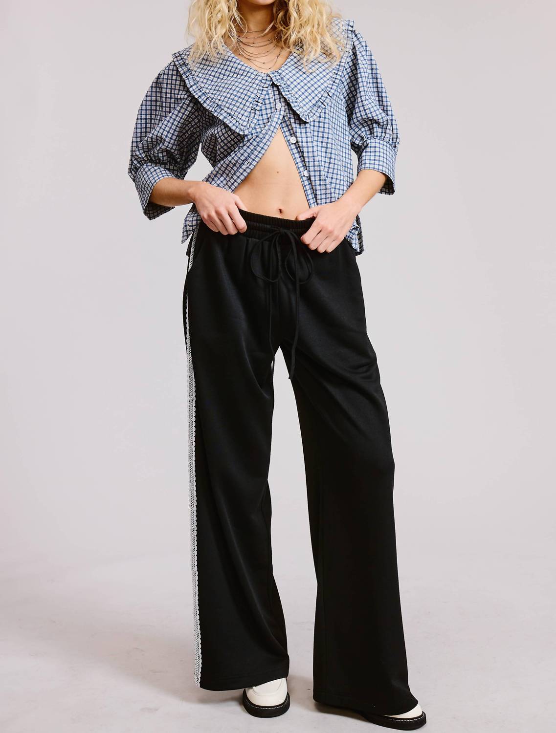 Mimosa Lace Trim Wide Leg Track Pants in black - women's pants - view 4