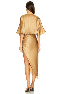 Aiifos Anabelle V Neck Midi Dress in tan - women's dress - detail view