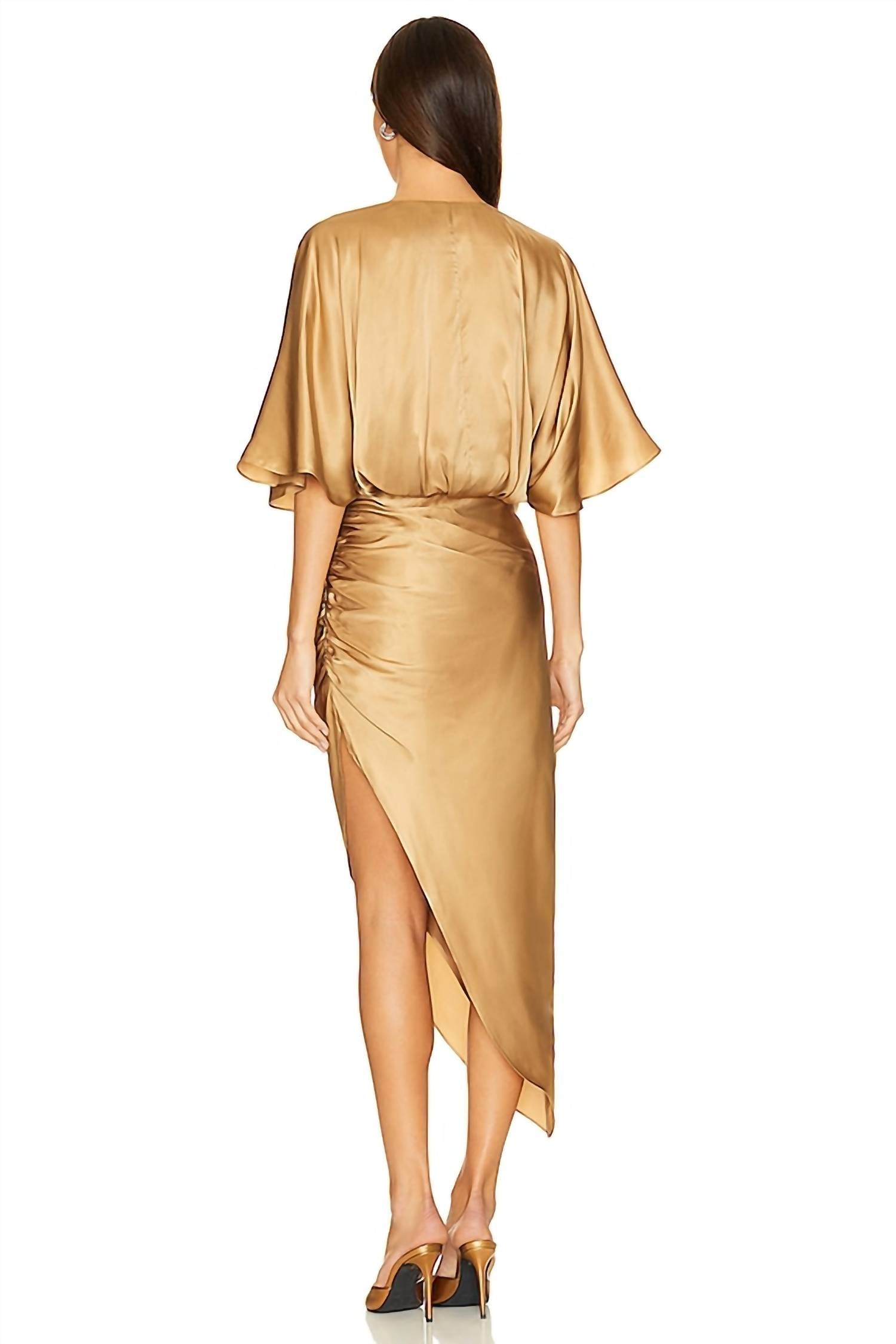 Aiifos Anabelle V Neck Midi Dress in tan - women's dress - detail view