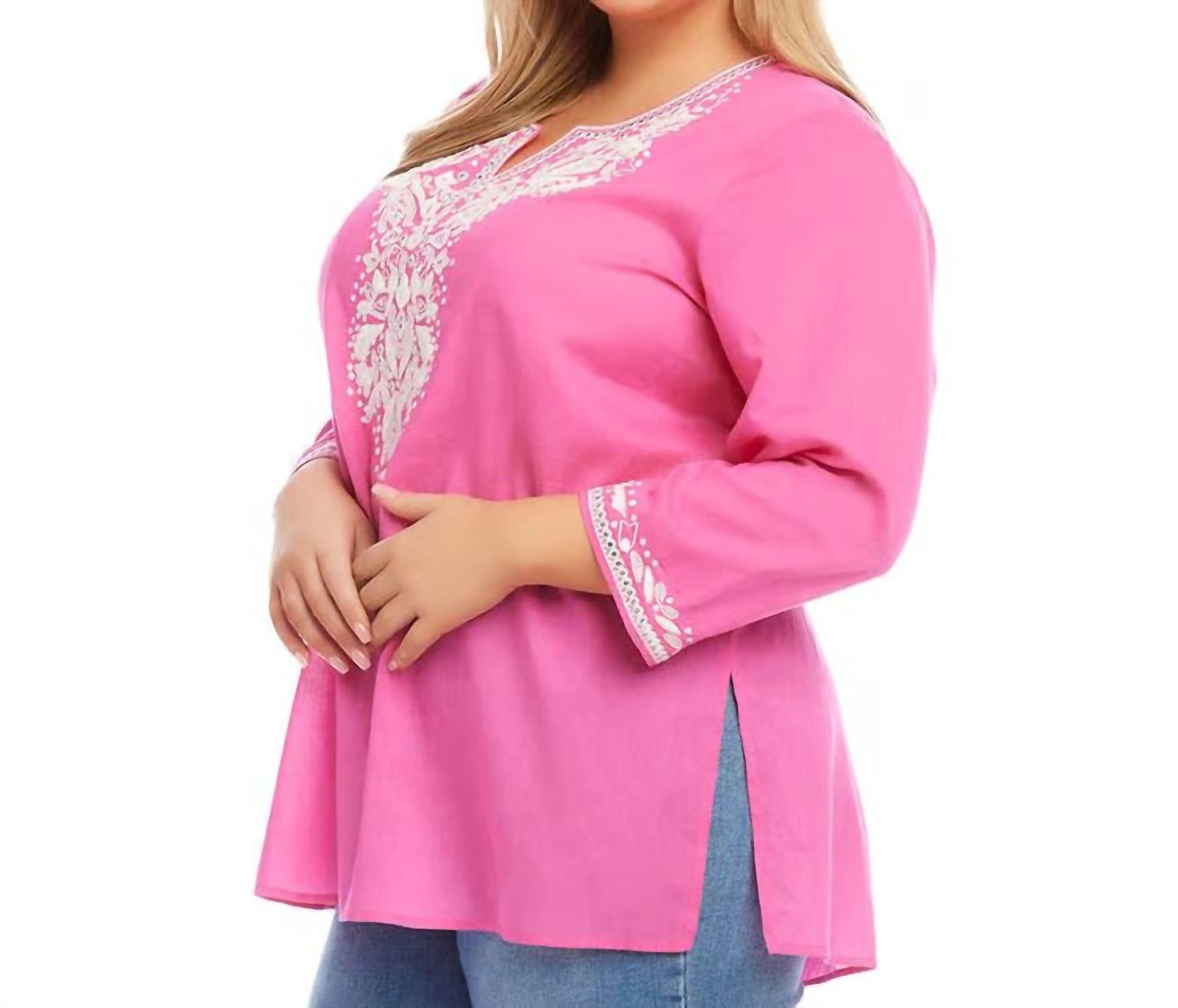 Karen Kane Curvy Embroidered Tunic - Plus in pink - women's shirt - alternate view