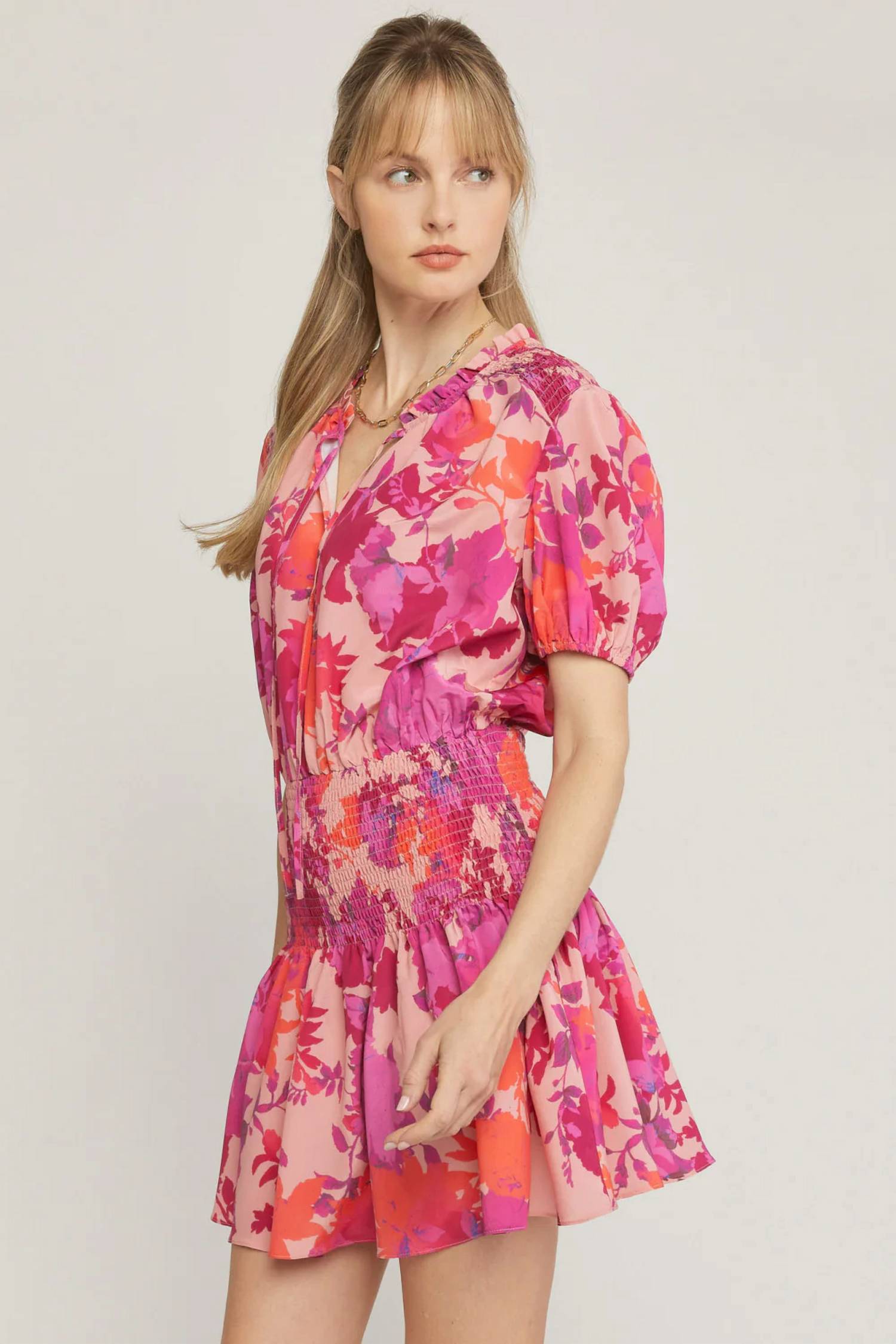 First Love - Floral Print Smocked Shoulder Waist Short Dress