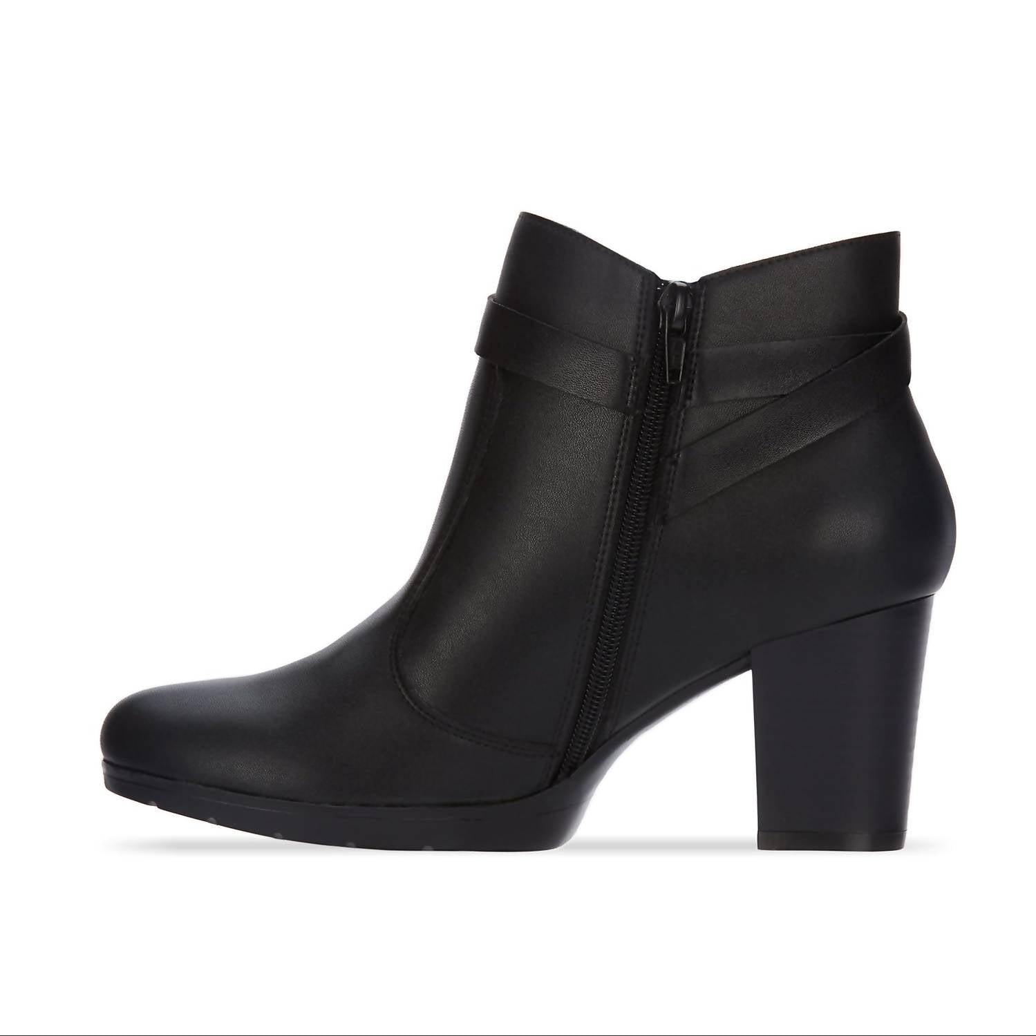 Andrea Women's Buckle Strap Block Heel Boots in black - women's shoe - detail view