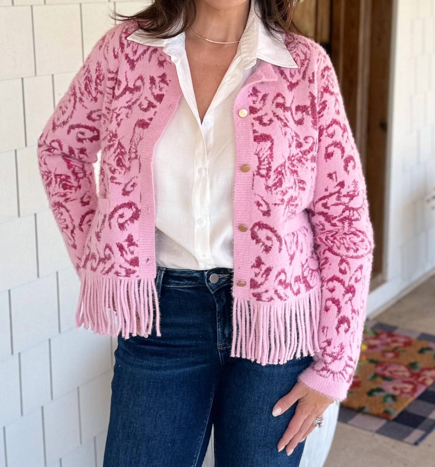 Fate The Evelyn Fringe Cardigan in pink paisley - women's cardigan