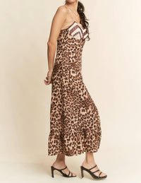 DAVI & DANI Animal Printed Chest Lace Detail Maxi Slip Dress in taupe cheetah - women's dress - alternate view