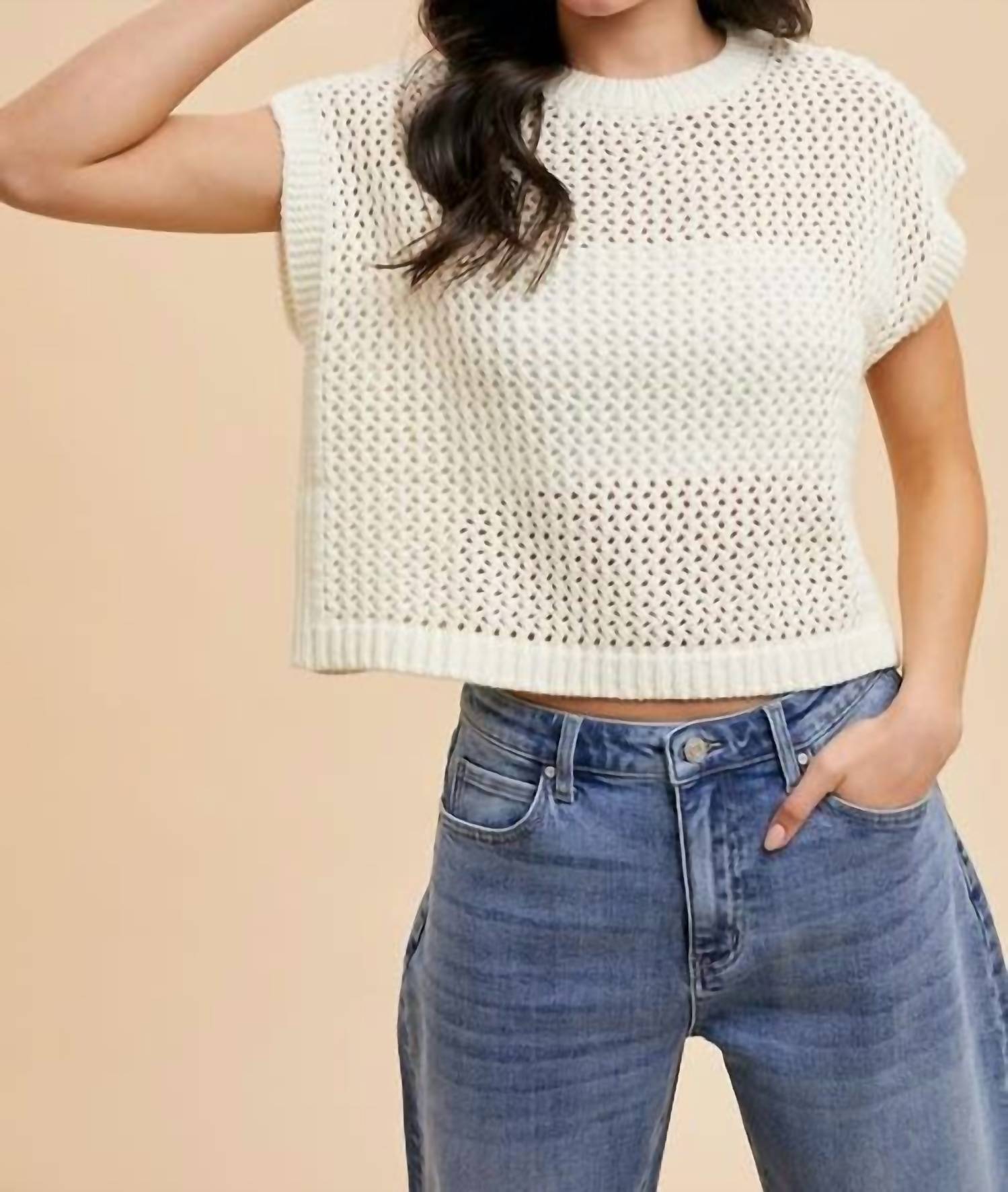 Anniewear - Open Stitch Drop Shoulder Crop Sweater Top