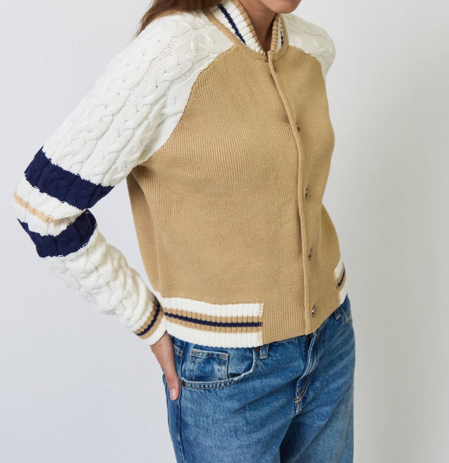 Central Park West - Women's Chloe Cable Sleeve Knit Bomber Jacket