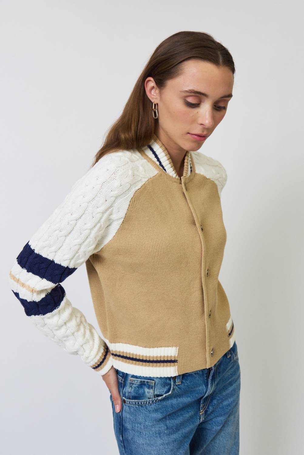 Central Park West - Women's Chloe Cable Sleeve Knit Bomber Jacket