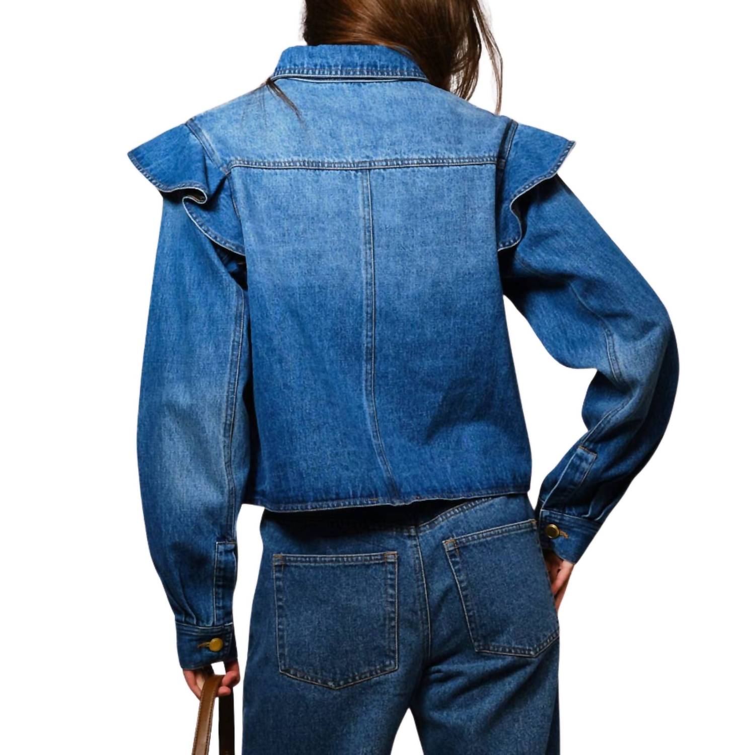 Blue B - Diagonal Ruffled Long Sleeves Denim Jacket
