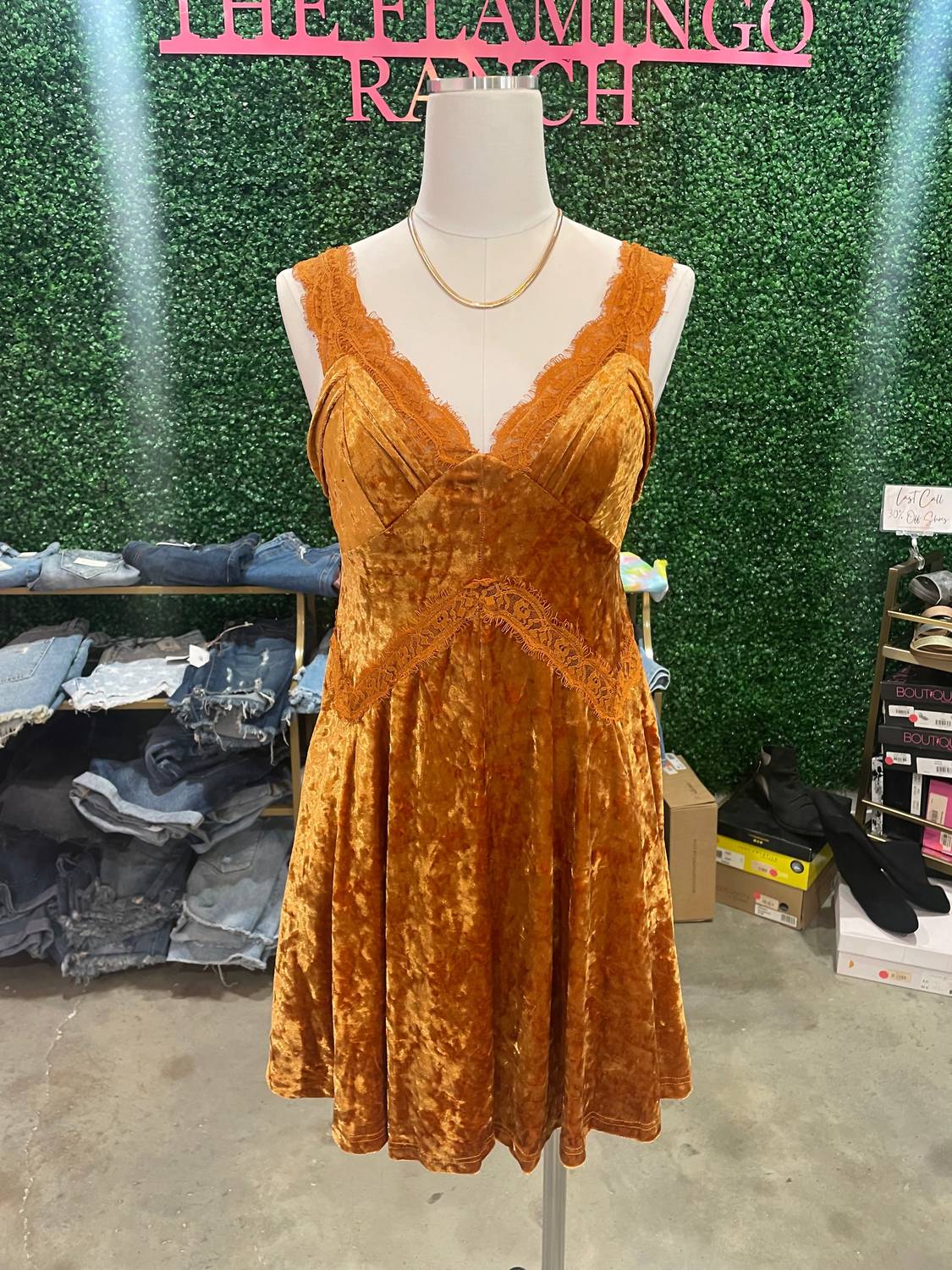 Entro - Pumpkin Velvet and Lace Dress