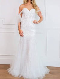 Cinderella Divine - Naomi Off Shoulder Bow Lace Bustier Mermaid Wedding Dress