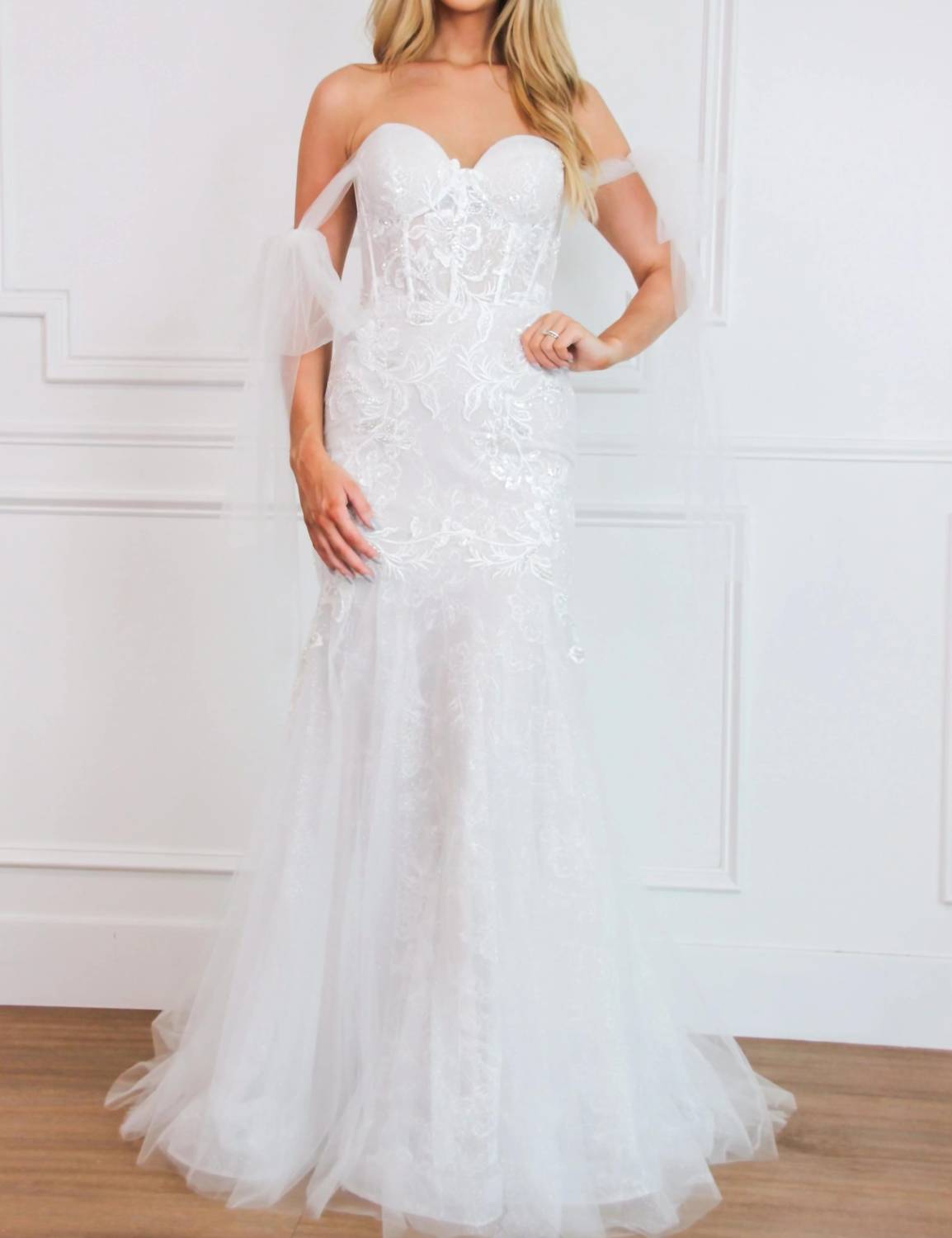 Cinderella Divine - Naomi Off Shoulder Bow Lace Bustier Mermaid Wedding Dress