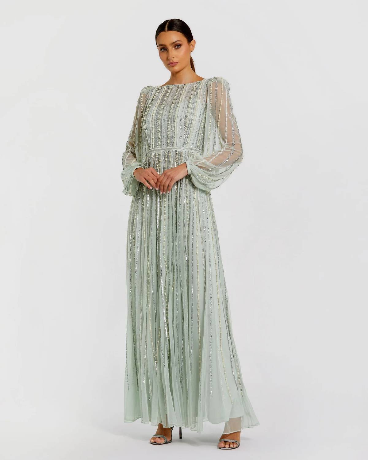 Mac Duggal - Boat Neck Long Sleeve Beaded Dress