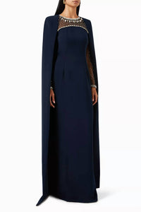 Jenny Packham Crystal Cape Gown in navy - women's dress - detail view