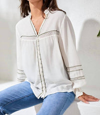 TRIBAL Boho Button Front Novelty Blouse in white - women's blouse - alternate view