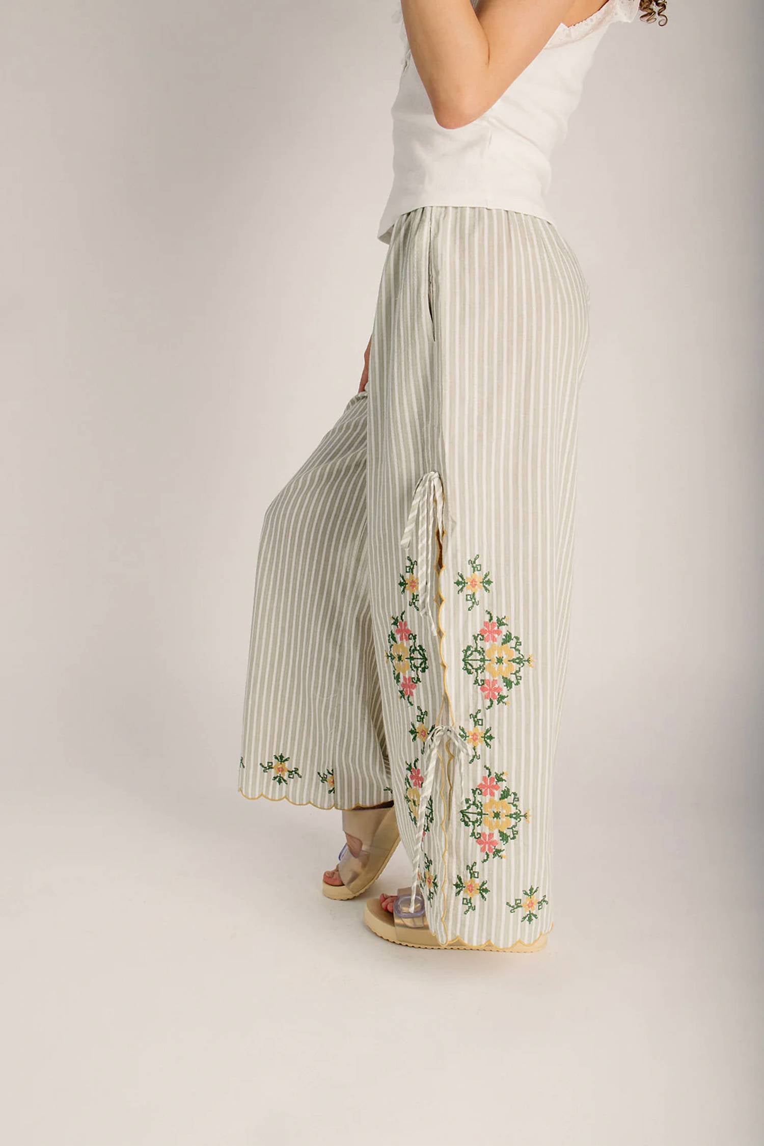 Miou Muse - Floral Embroidery Striped Pant