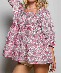 Pol - Boho Square Neck Block Print Relaxed Fit Top