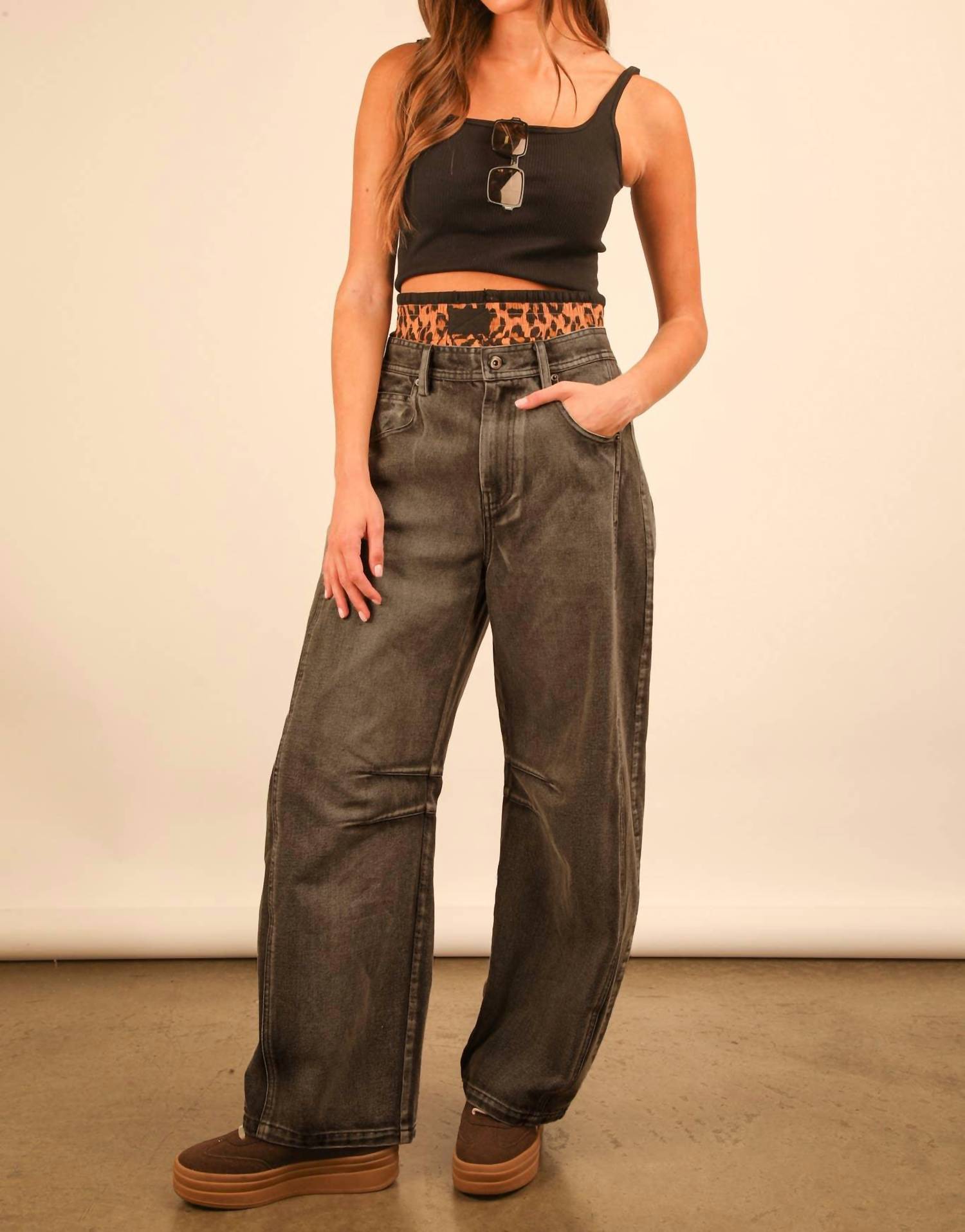 VERY J High-Waisted Barrel Jeans in black - women's jeans