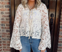 Anniewear - Floral Lace Trumpet Sleeve Blouse