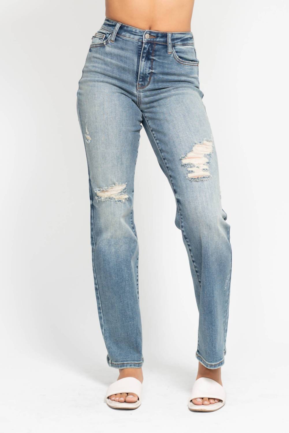 Judy Blue - High Waisted Distressed Straight Leg Denim Jean
