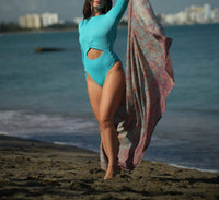 Vigo Sales Group Ribbed Long Sleeve One Piece in electric blue - women's swimwear - detail view