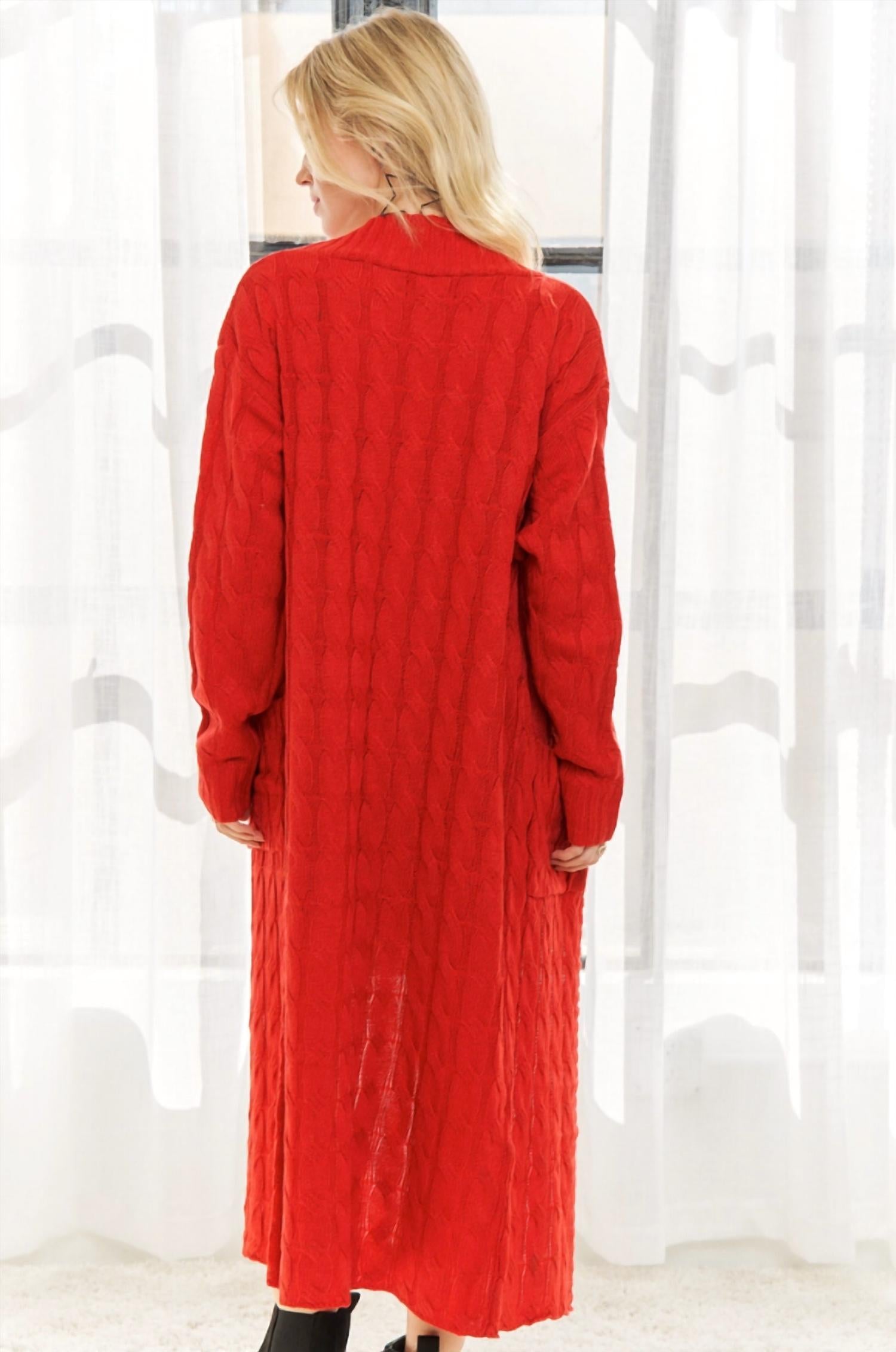 ADORA Cable Knit Cozy Cardigan in red - women's cardigan - detail view