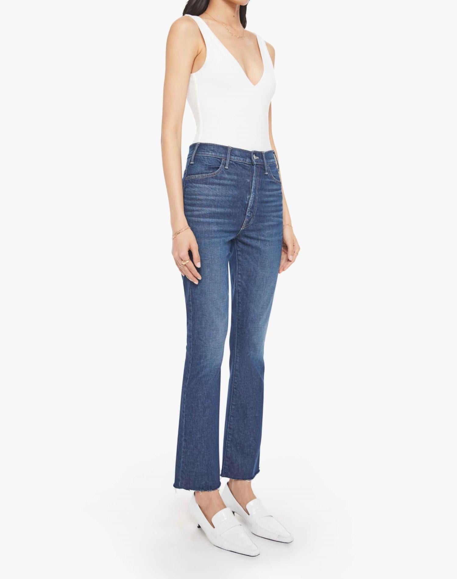 Mother The Hustler Flood Fray Ankle Bootcut Jeans in kicks and riffs - women's jeans - detail view
