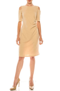 Ile Clothing - Side Pleat Cold Shoulder Sheath Dress