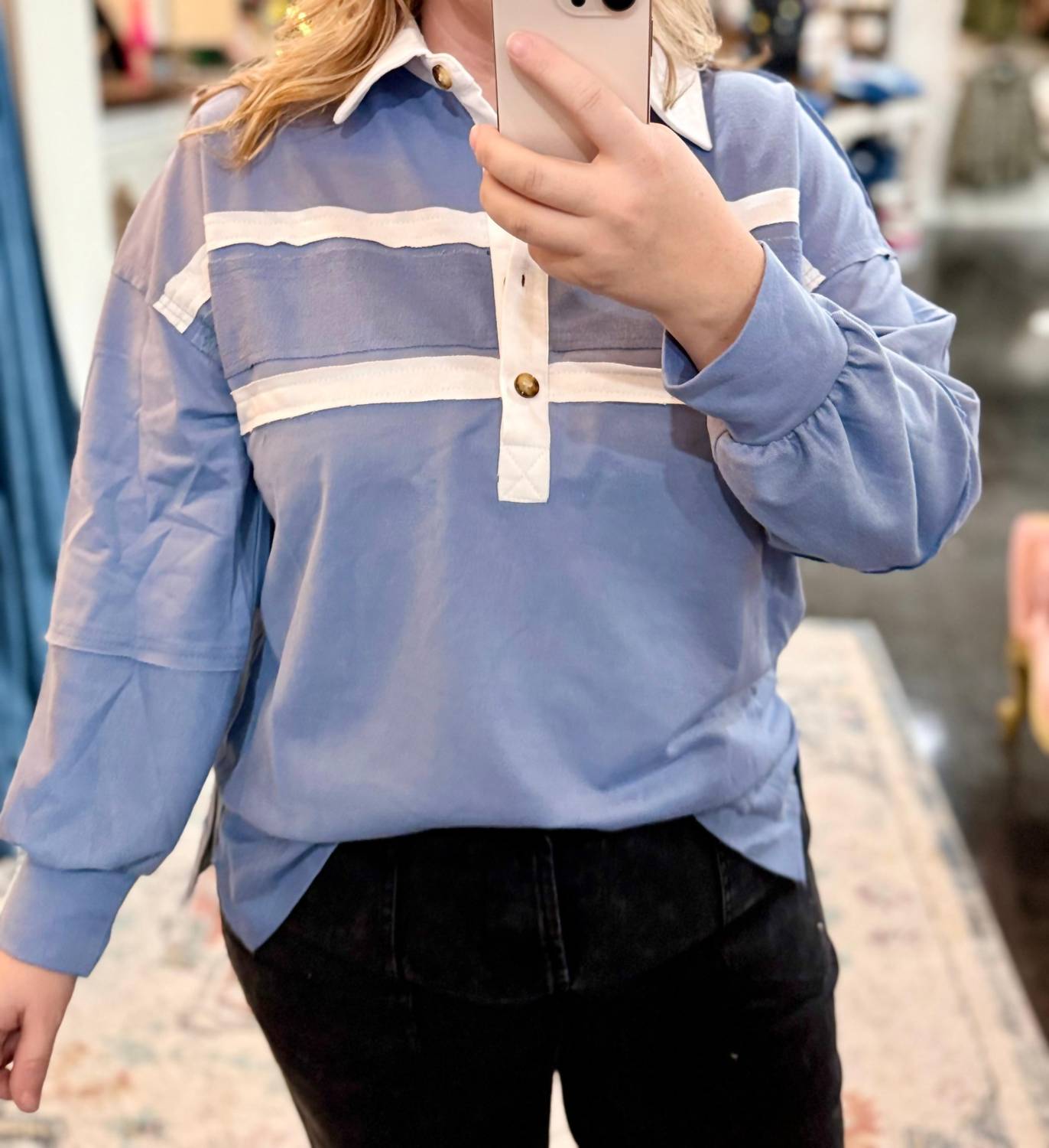 Haptics Collared 3/4 Button Down Top in slate blue - women's blouse