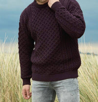 Aran Crafts Merino Crewneck Sweater in damson - men's sweater - detail view