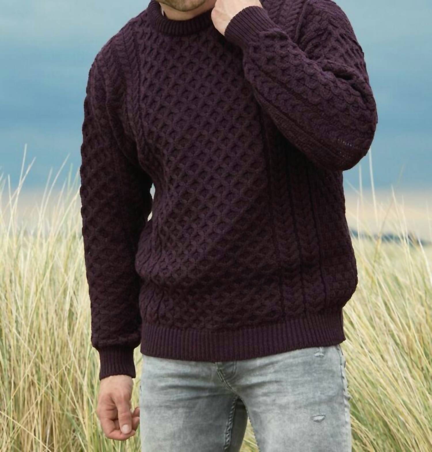 Aran Crafts Merino Crewneck Sweater in damson - men's sweater - detail view