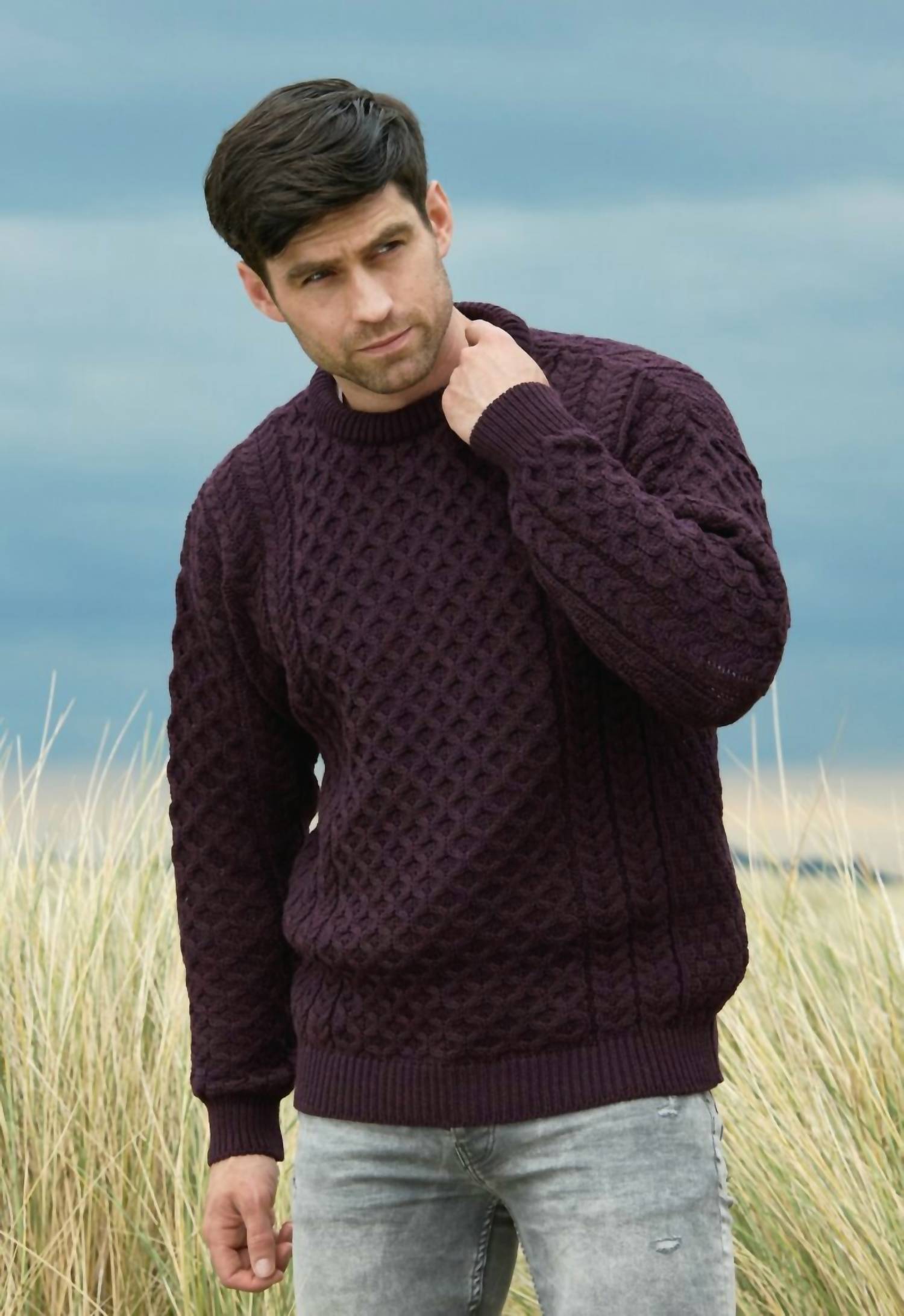 Aran Crafts Merino Crewneck Sweater in damson - men's sweater - alternate view