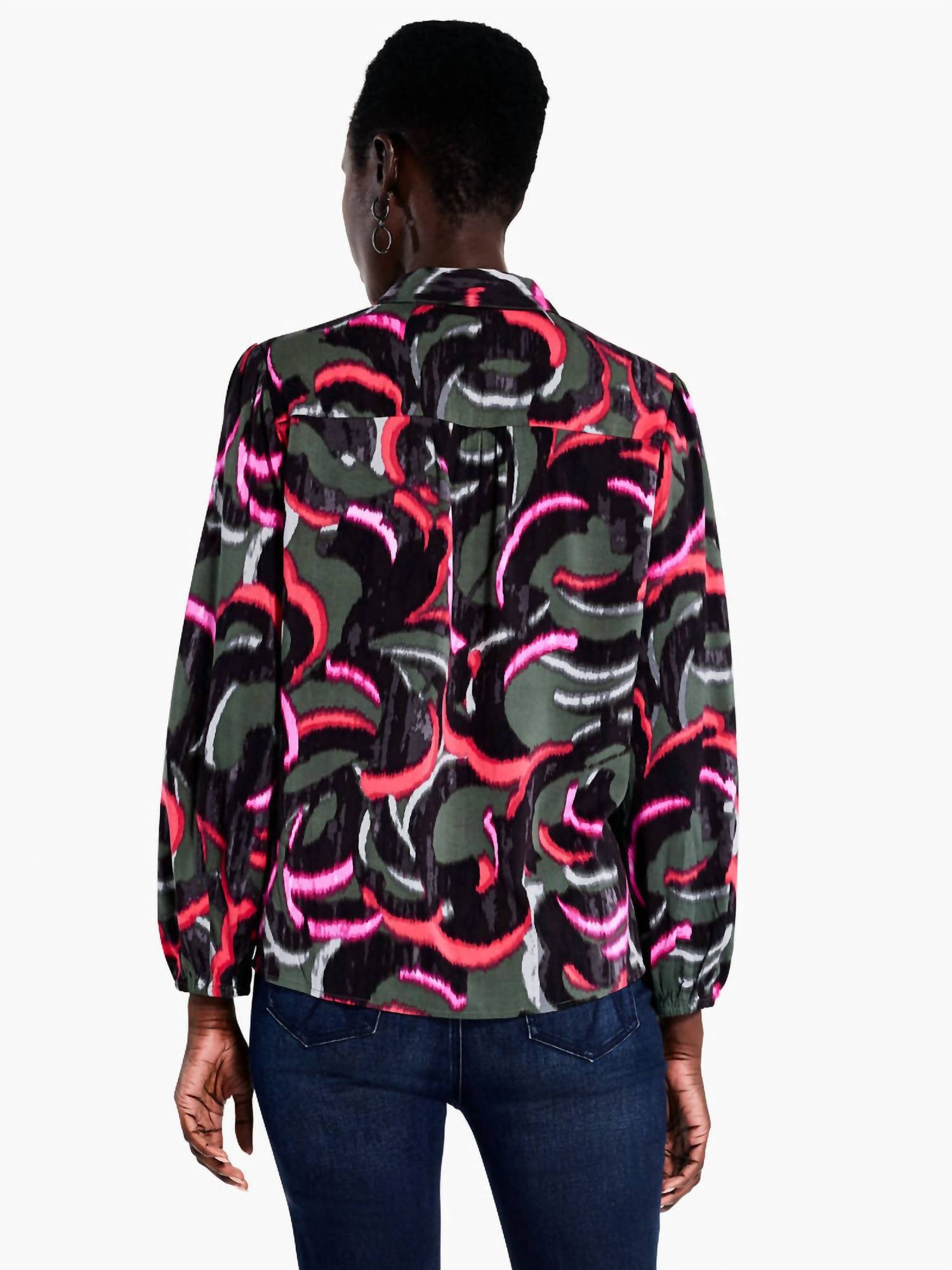 Nic + Zoe Nadalia Neon Doodle Live In Shirt in shirt in black olive pinks - women's blouse - detail view