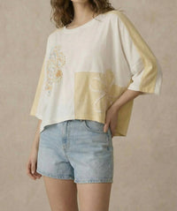 Mello Oversized Embroidered Crochet Patch Work Top in cream - women's t-shirt