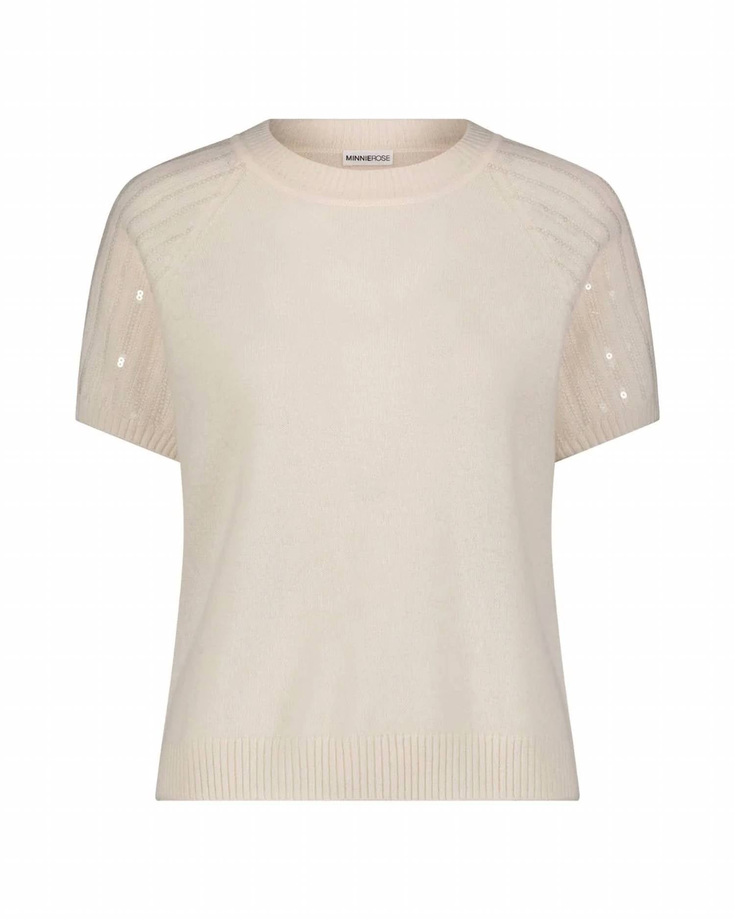 Minnie Rose - Women's Cashmere Raglan Crew Tee With Sequined Sleeves