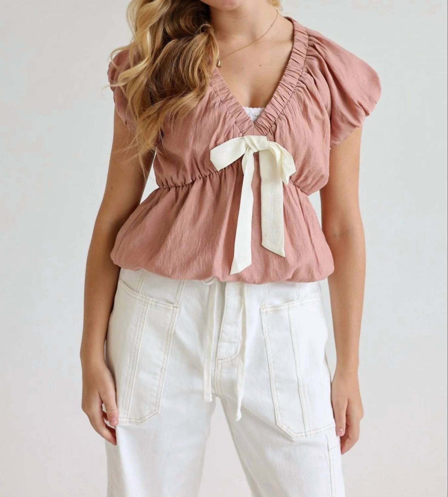 In February - Tie-front Blouse With Bubble Sleeves