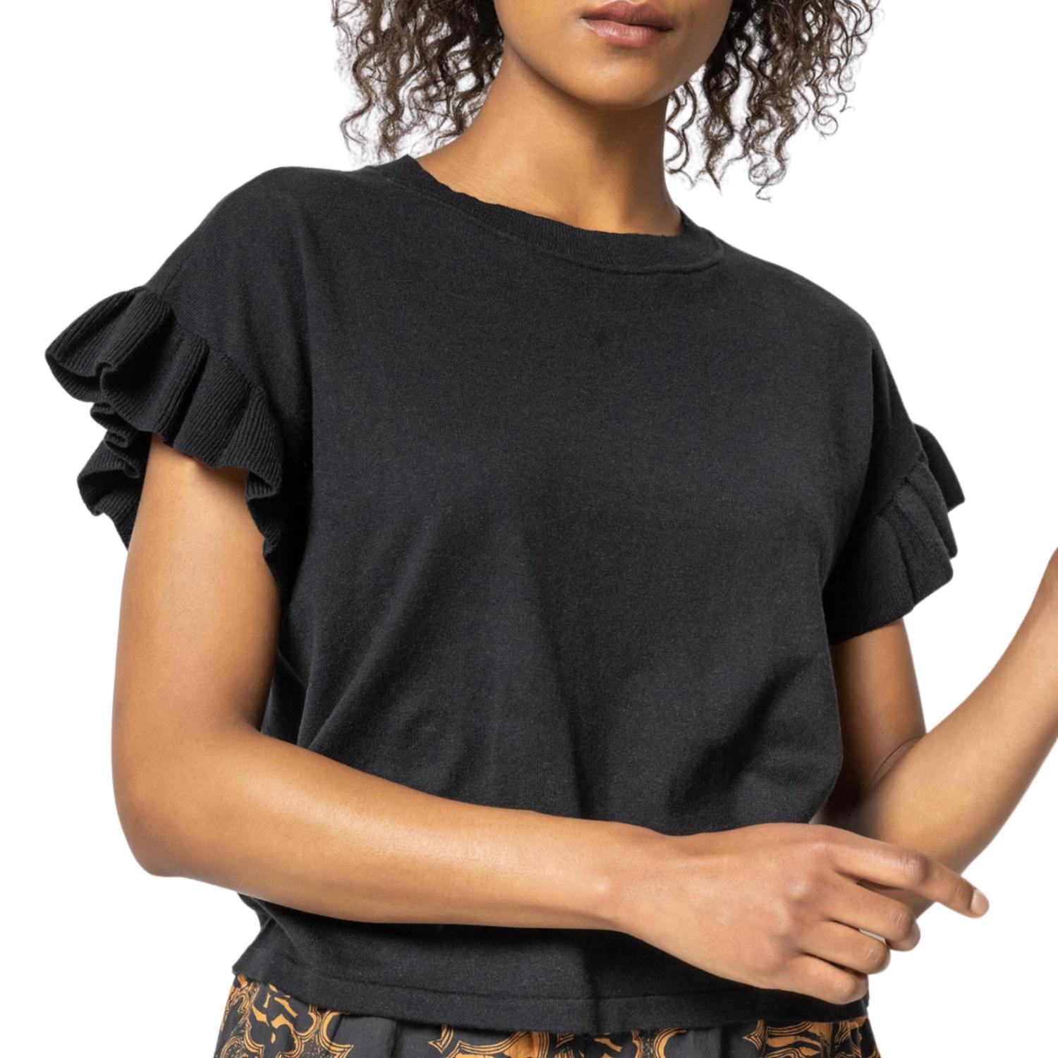 Lilla P Women's Ruffle Sleeve Crew Neck Sweater in black - women's sweater