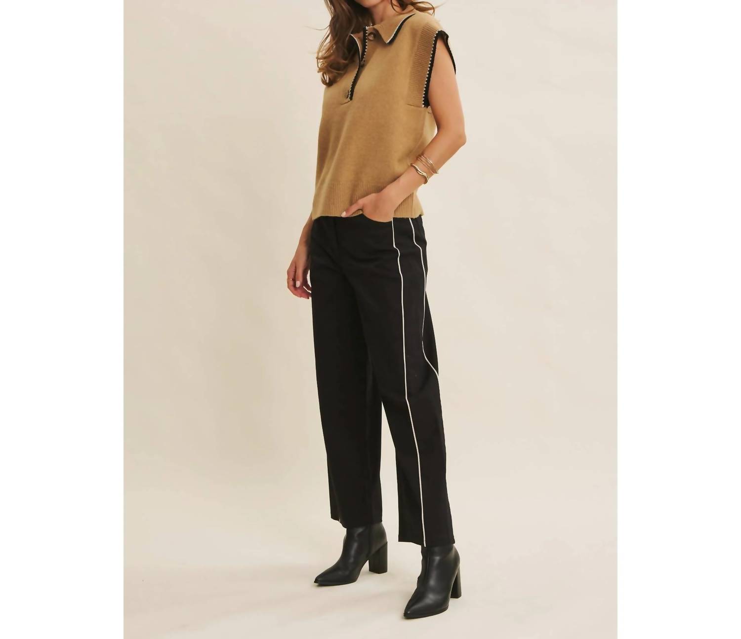 In February - Talia Contrast Piped Barrel-leg Pants