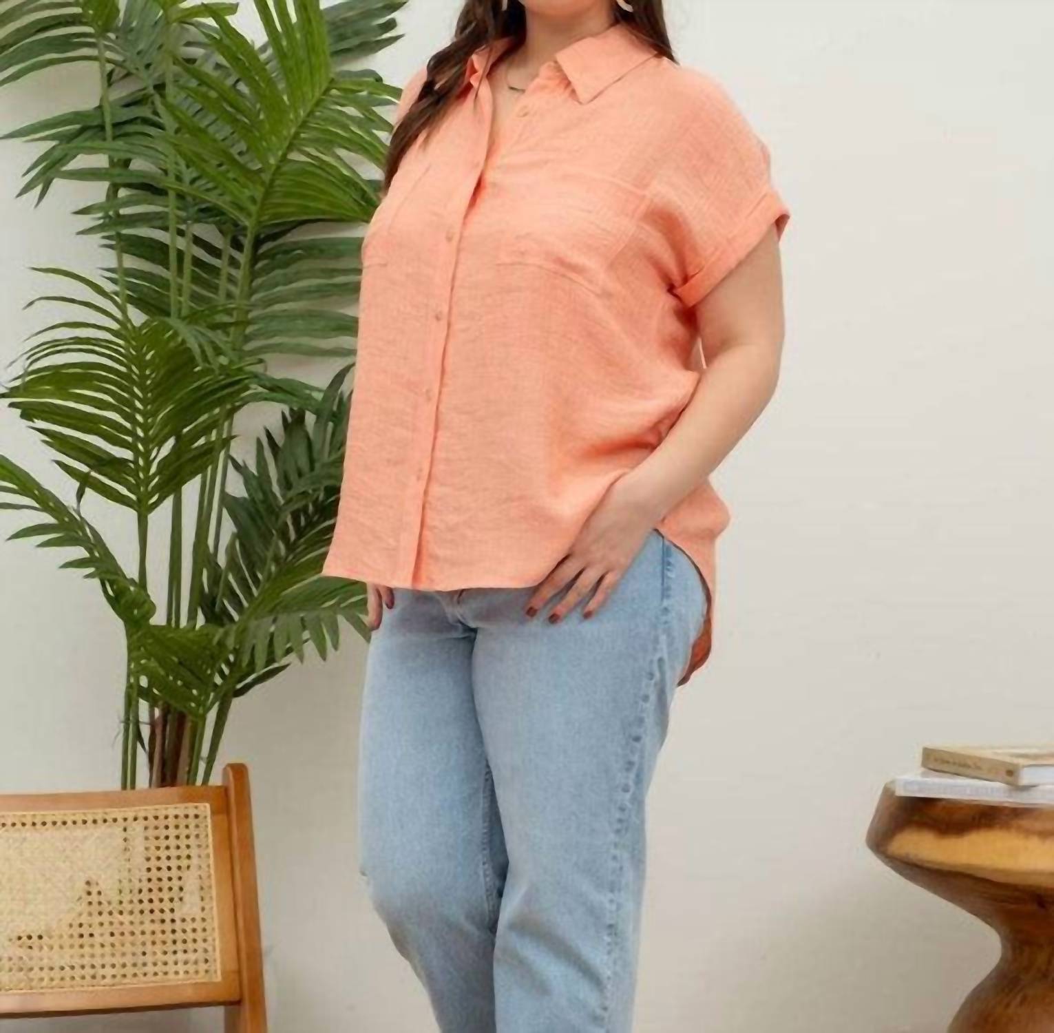 Perch By Blu Pepper - Collared Crinkled Cuff Sleeve Shirt - Plus