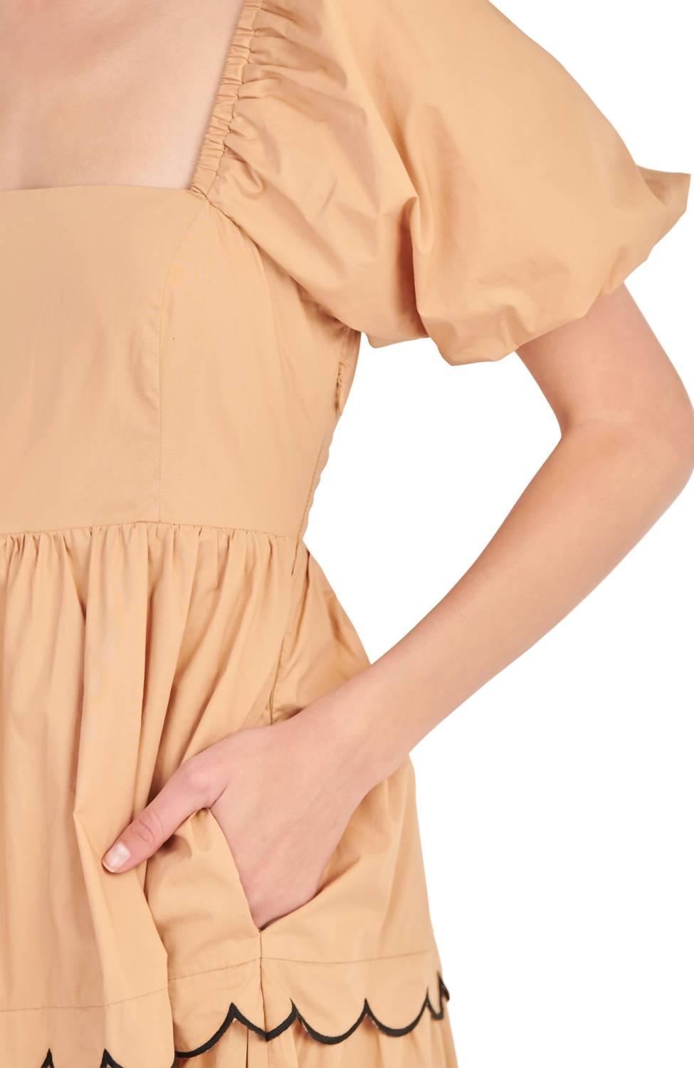 English Factory - Puff Sleeve Scallop Trim Cotton Midi Dress
