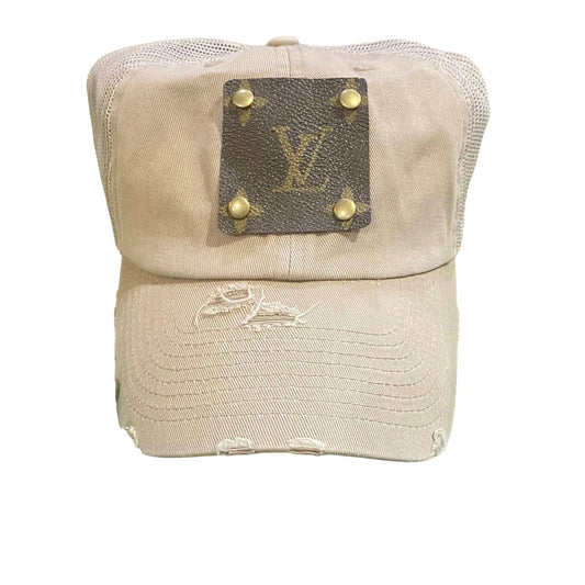 Zippity Do Dah - Distressed Trucker Cap with Upcycled LV Patch