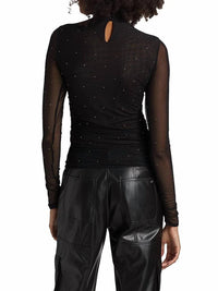 cinq a sept Heatset Shirred Mesh Turtleneck Top in black silver - women's sweater - alternate view