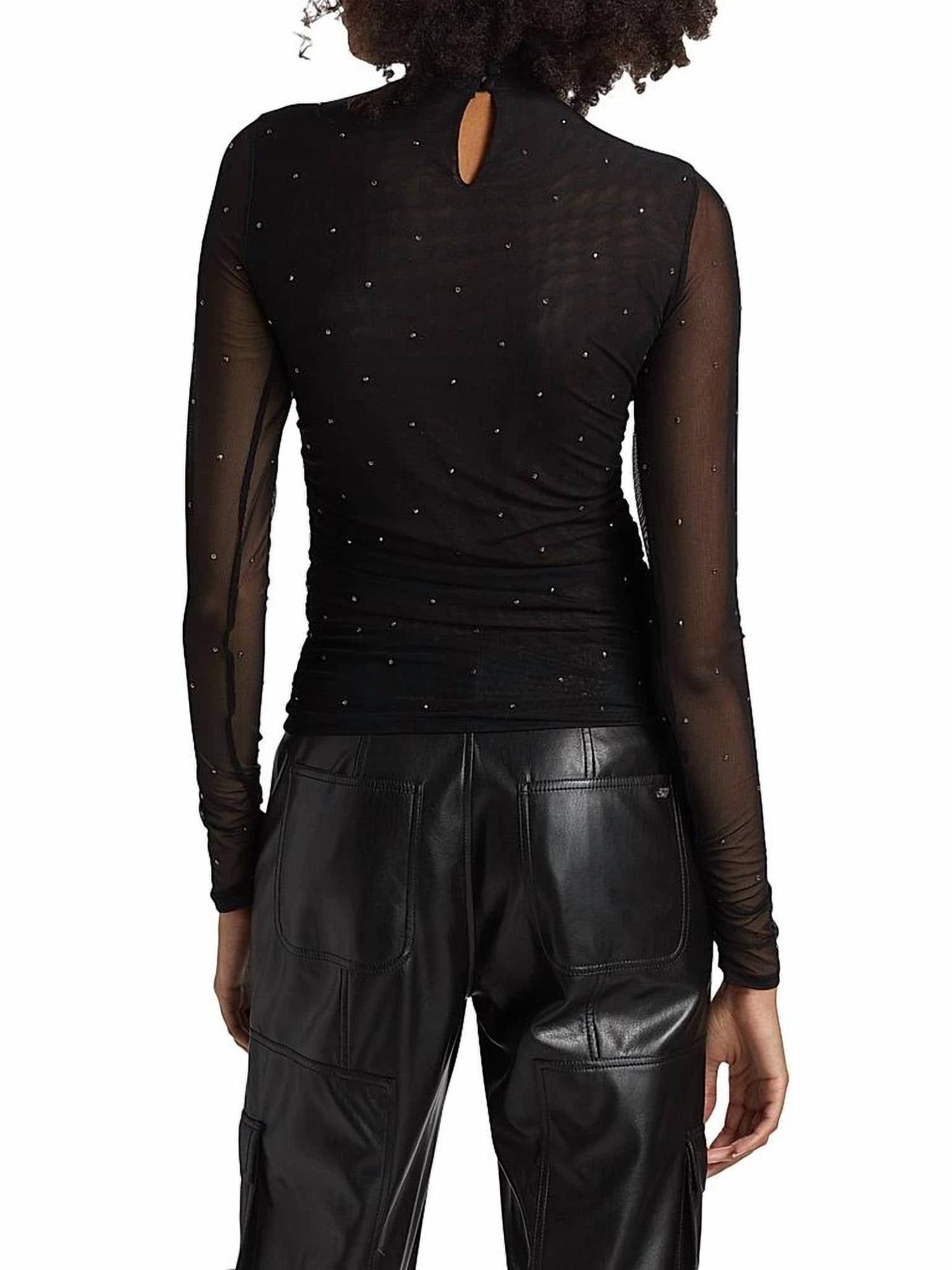 cinq a sept Heatset Shirred Mesh Turtleneck Top in black silver - women's sweater - alternate view