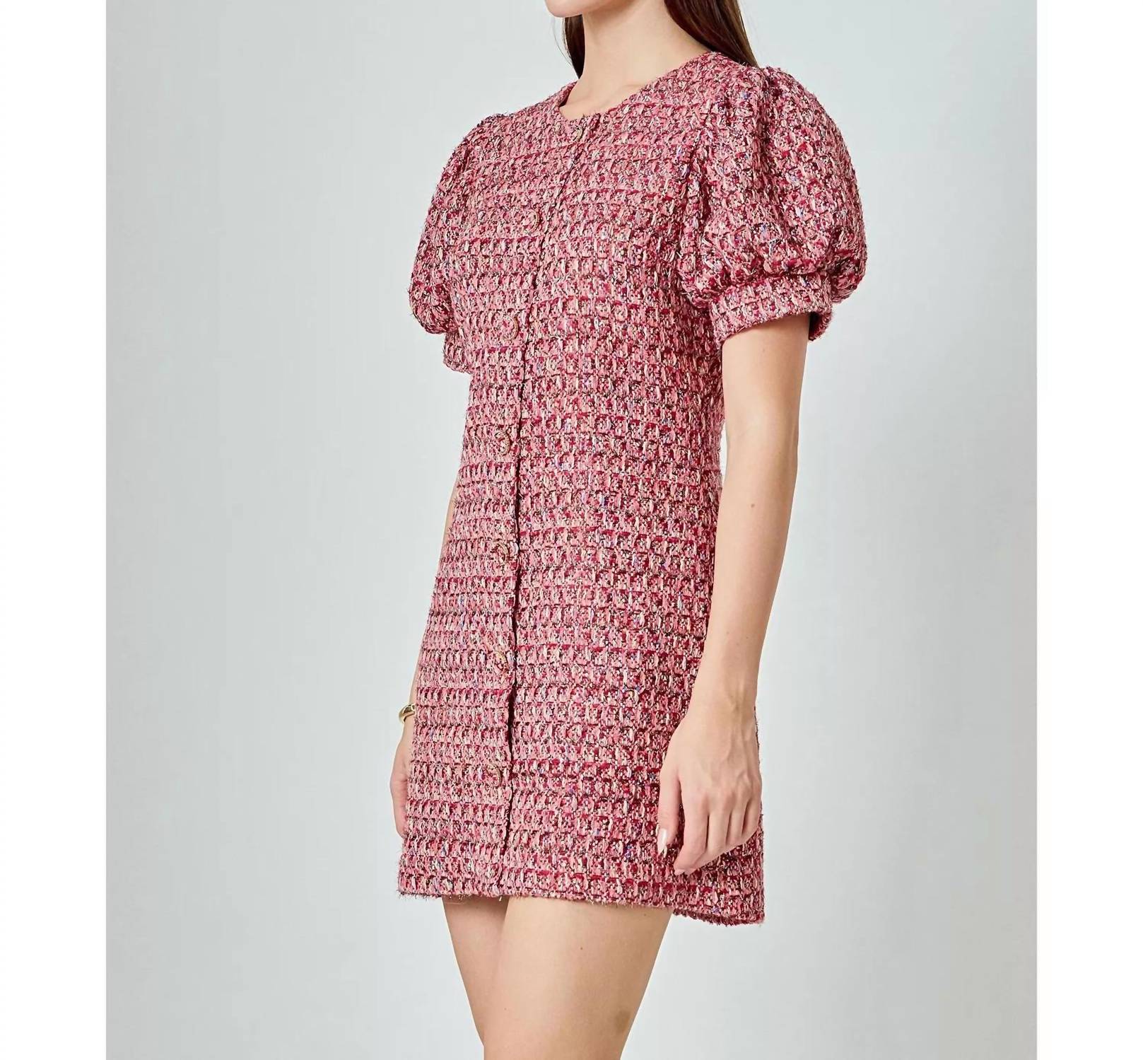 Endless Rose - Women's Tweed Puff Sleeve Mini Dress