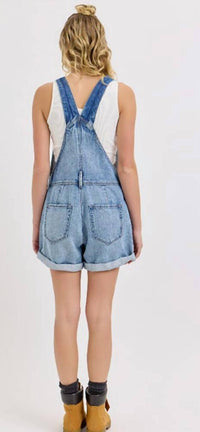 Cello - High-rise Denim Shortall With Rolled Cuff Romper