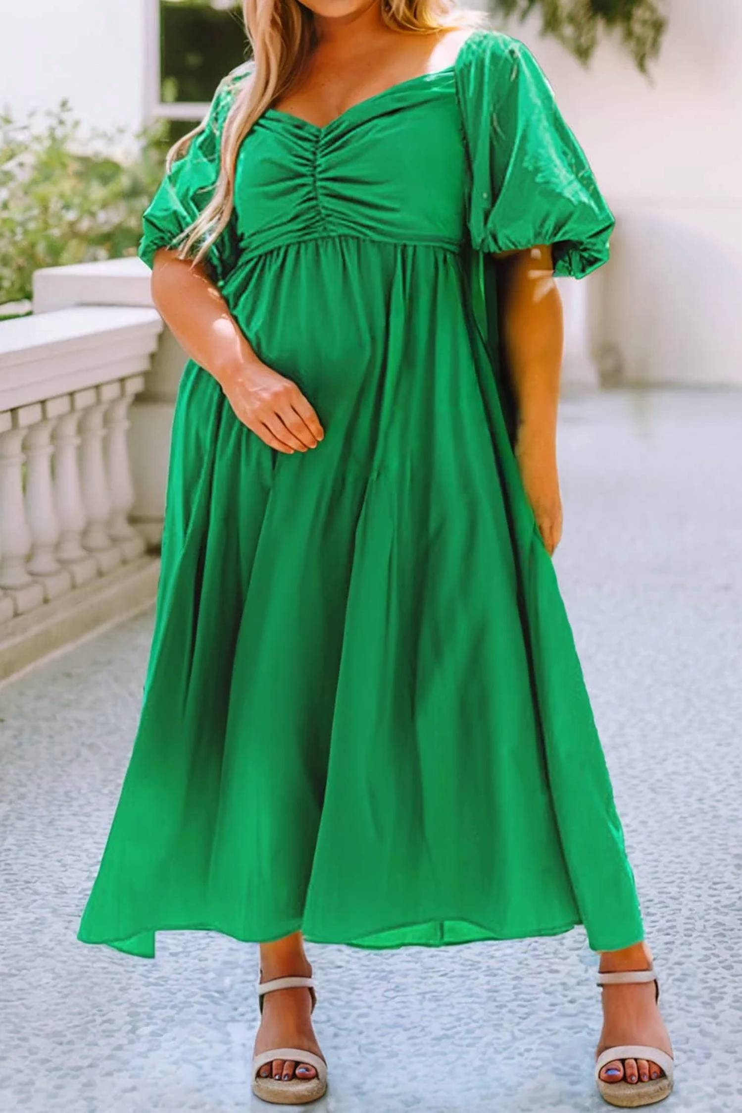 Little Daisy Closet - Women's Madison Ruched Front Puff Sleeve Plus Size Long Dress