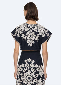 SEA Liliana Appliqué Top in navy - women's blouse - detail view