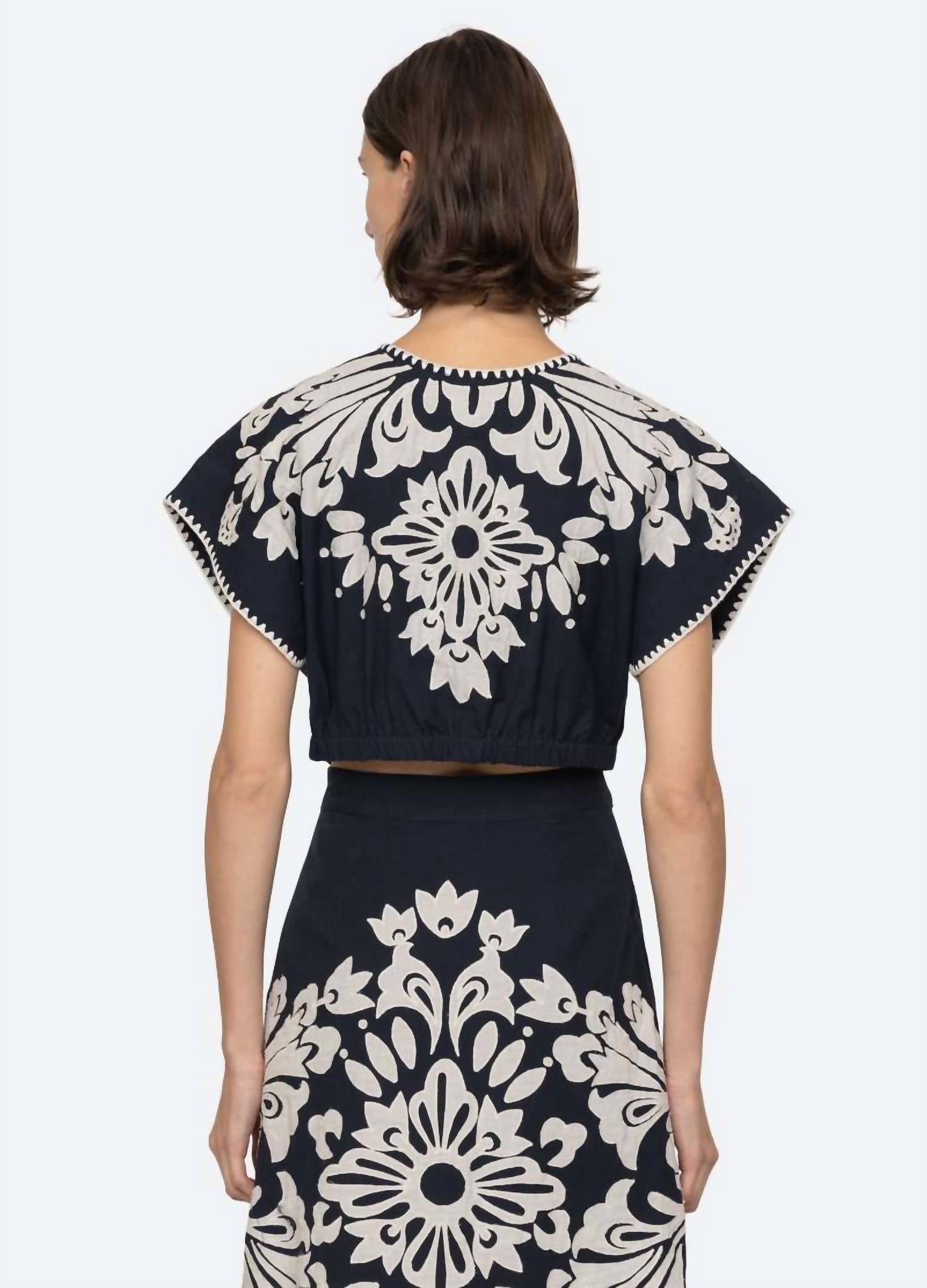 SEA Liliana Appliqué Top in navy - women's blouse - detail view
