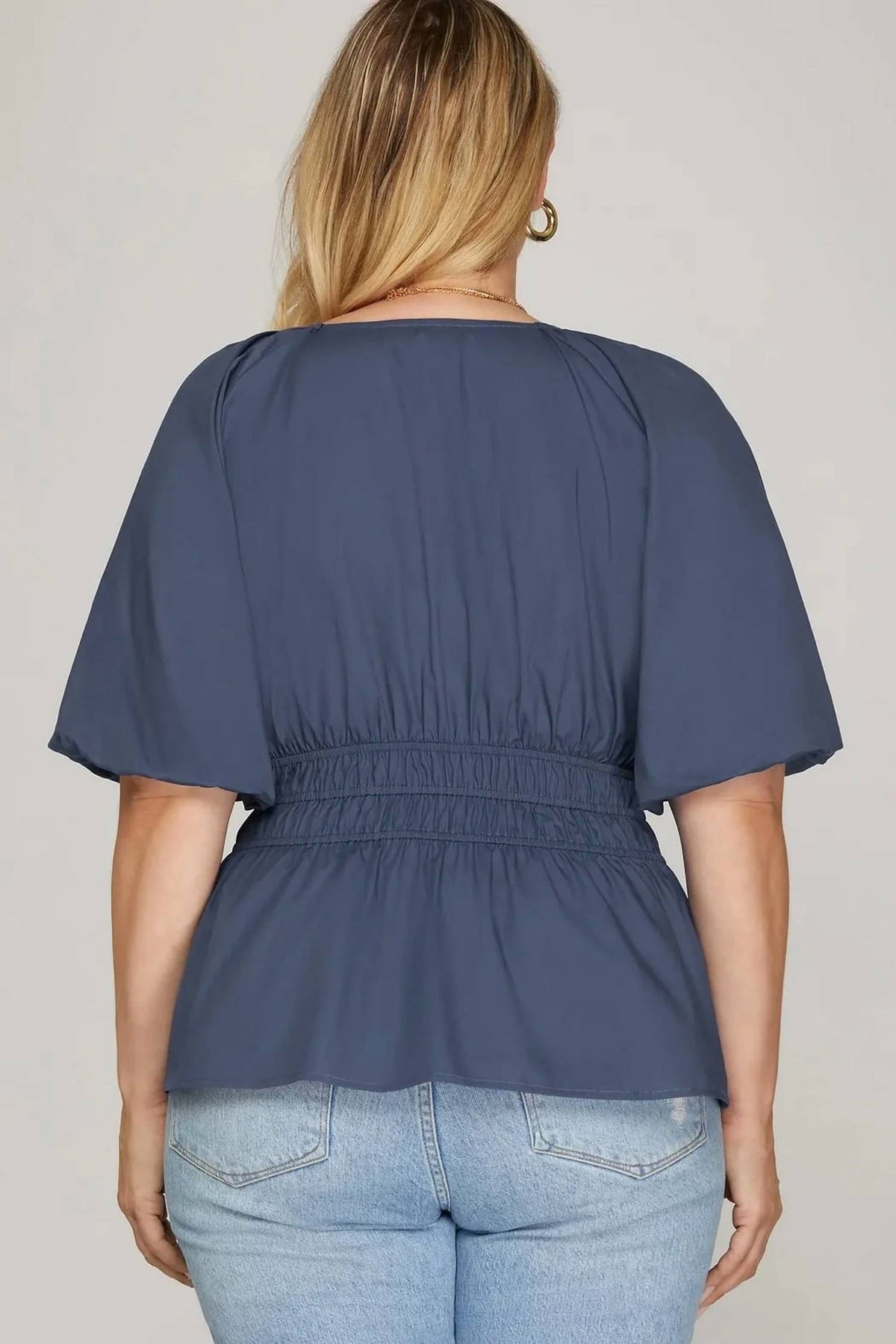 She + Sky - Half Bubble Sleeve V-neck Woven Top